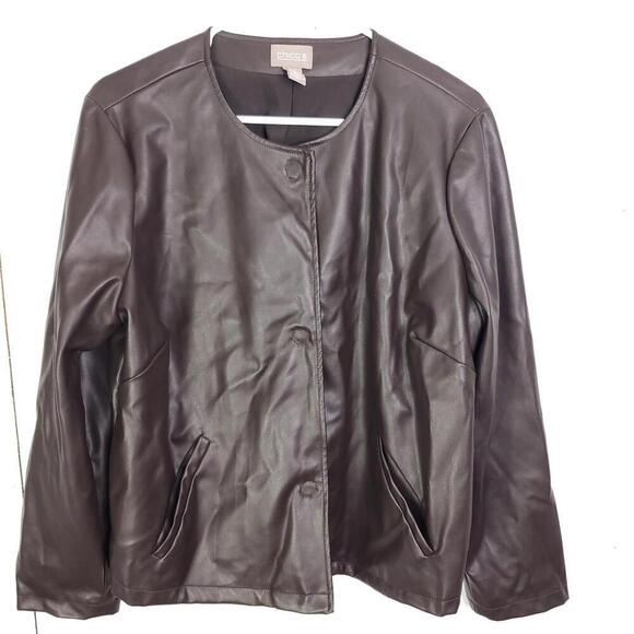 Chicos Jacket Womens XL Size 2 Snap Button Chocolate Brown Faux Leather Moto - Picture 1 of 11